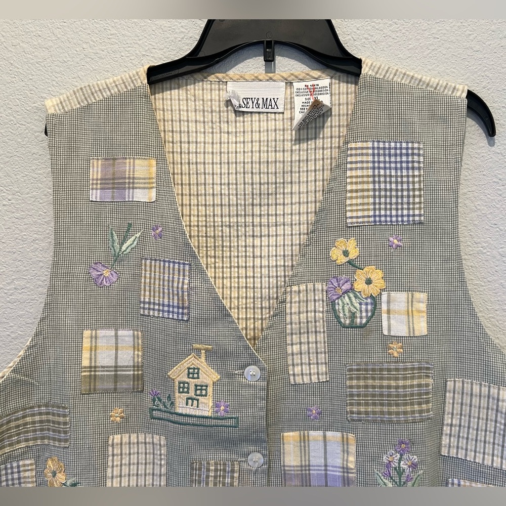 Vintage Houndstooth Vest Patchwork Embroidered Fl… - image 5